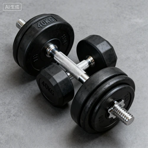 黑色哑铃组合，金属质感，40kg重量标识，灰色背景，俯视拍摄，细节清晰
