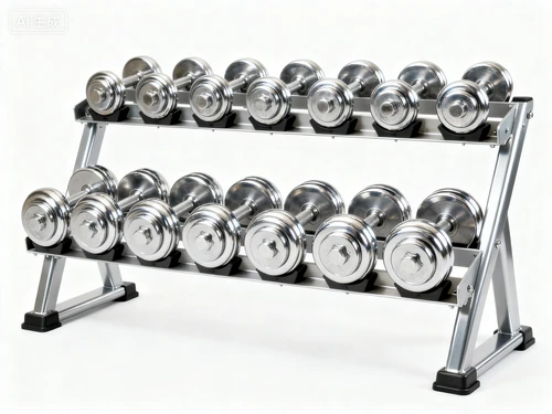 金属哑铃架，多重量组合，银色质感，白色背景，正视拍摄，排列整齐