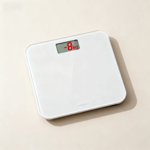 体重秤显示减重数字，“-8kg”红色标识，白色机身，浅色背景，俯视拍摄，清晰可见