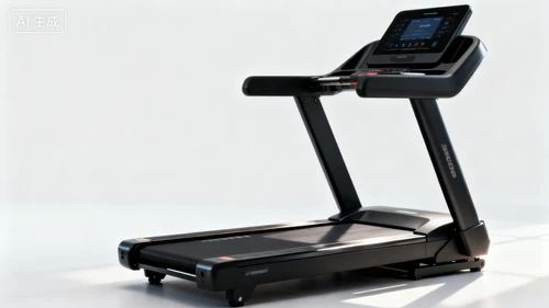 高端智能跑步机，黑色机身，显示屏清晰，空旷背景，侧视拍摄，科技感强