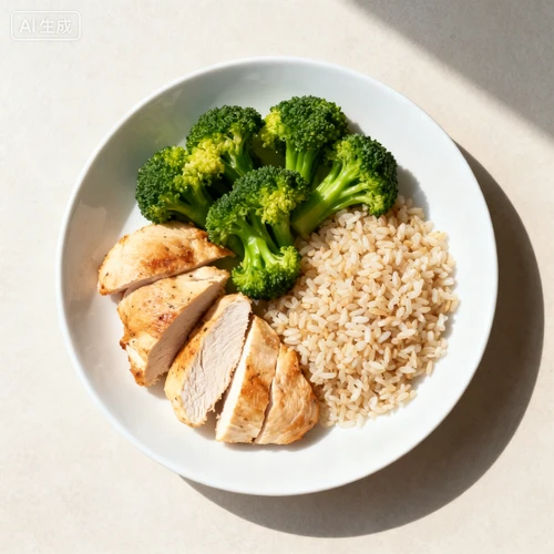 减脂餐组合，鸡胸肉+西兰花+糙米，色彩鲜艳，白色餐盘，浅色背景，俯视拍摄，健康感