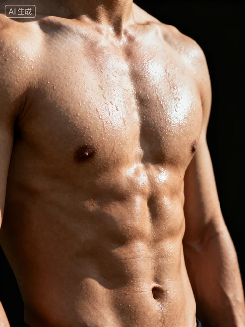 男性胸肌特写，汗水光泽，肌肉线条清晰，黑色背景，侧光拍摄，突出力量感