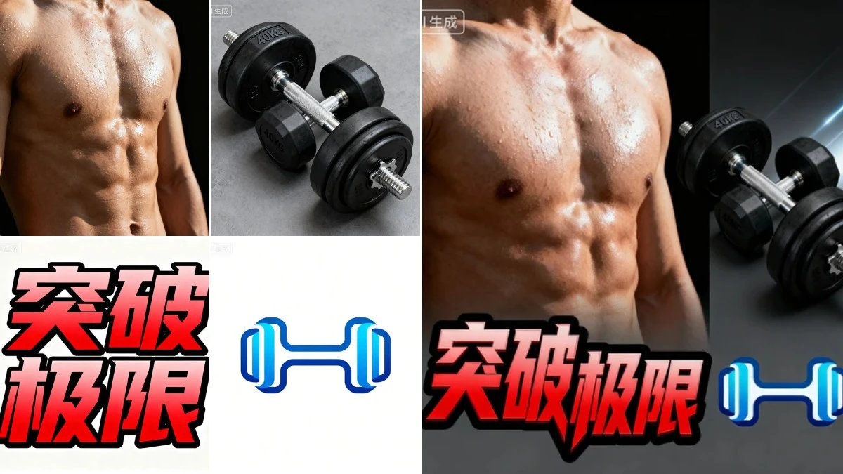 图1：肌肉线条风格海报AI合成效果（左侧为拆分素材，右侧为合并成品）