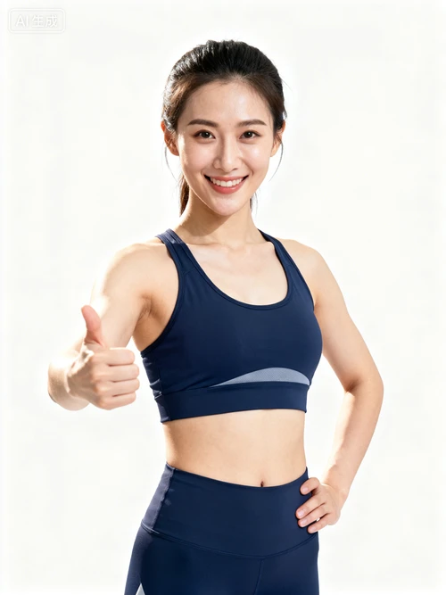 健身教练形象，微笑指导姿势，专业运动服，白色背景，正视拍摄，亲和力强