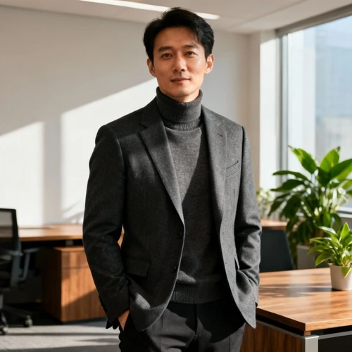 商务休闲装（Smart Casual），深灰色西装外套搭配高领毛衣，质感舒适