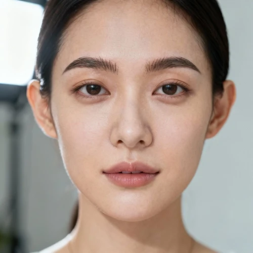 女性面部特写，露出眉毛和耳朵，表情中性不露齿，正面拍摄，无首饰佩戴