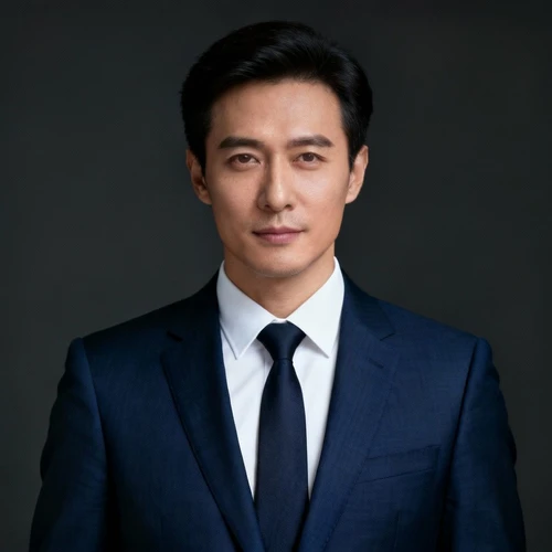 深蓝色商务西装，搭配白色衬衫和深色领带，正面视角，衣领挺括，质感高级