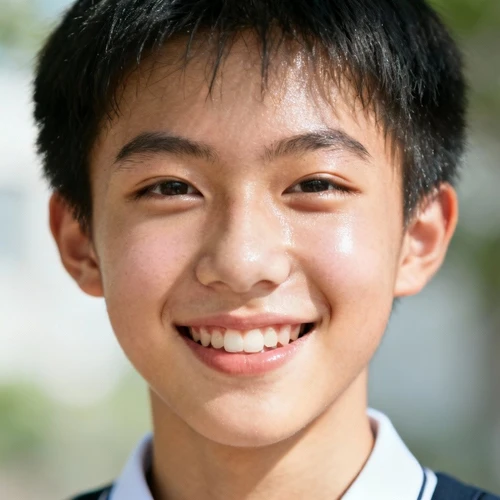 年轻学生面部，笑容清新自然，正面拍摄，皮肤质感通透，光线明亮