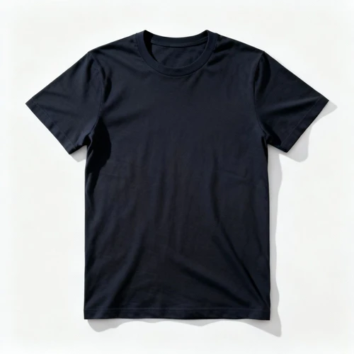 深色圆领T恤或便装，款式简洁，颜色较深以便与白底区分，正面视角