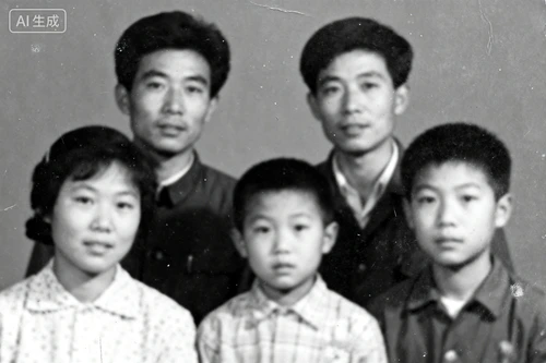 输入图像：一张1980年代的家庭黑白合影，分辨率600x400，面部细节模糊，表面有轻微划痕和噪点，对比度较低。