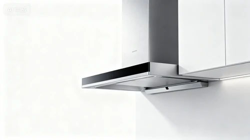 银色抽油烟机，超薄机身，与橱柜平齐，白色背景，侧视拍摄，造型简约