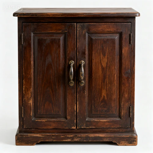 深棕色实木橱柜，做旧处理，复古拉手，白色背景，正视拍摄，木纹清晰