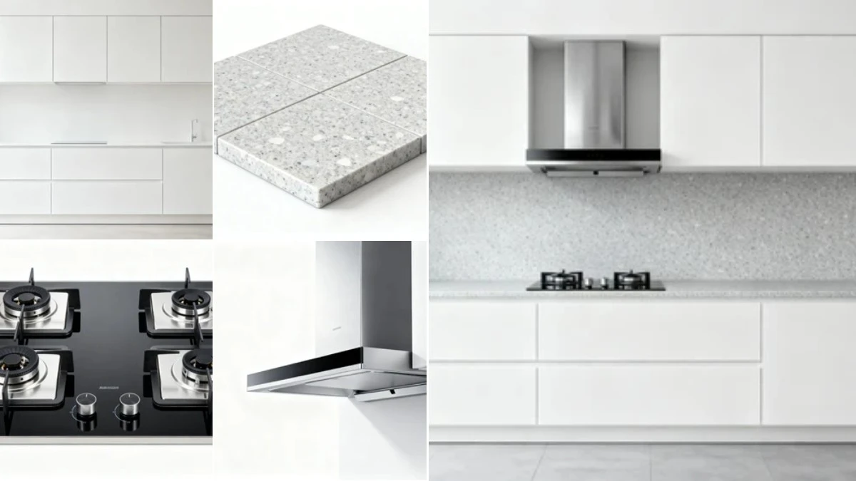 图1：现代简约厨房AI合成效果（左侧为拆分素材，右侧为合并成品）