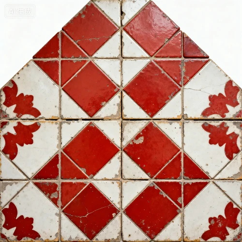 复古花砖墙面，红白配色，菱形铺贴，白色背景，正视拍摄，图案完整