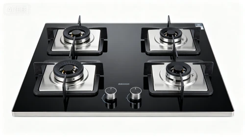 嵌入式不锈钢燃气灶，黑色钢化玻璃面板，白色背景，正视拍摄，细节清晰