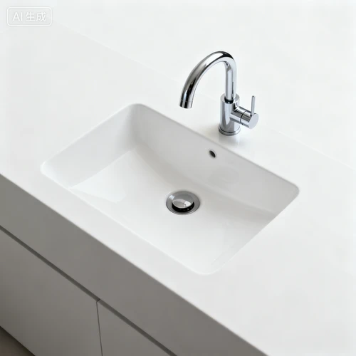 简约白色水槽，搭配银色水龙头，白色背景，俯视拍摄，线条简洁