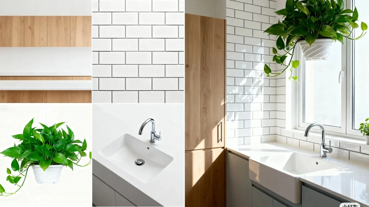 图3：北欧风厨房AI合成效果（左侧为拆分素材，右侧为合并成品）