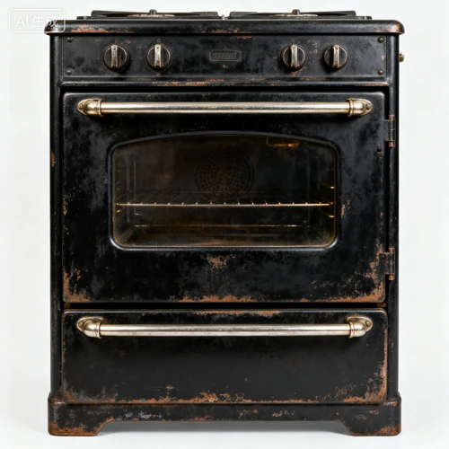 复古黑色烤箱，金属拉手，做旧效果，白色背景，正视拍摄，与风格统一
