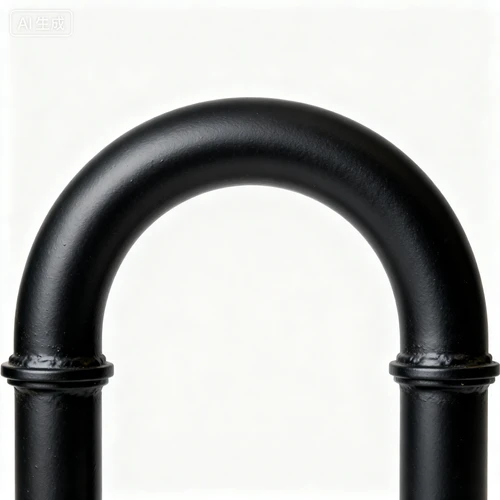 裸露式金属水管，黑色喷涂，弯曲造型，白色背景，正视拍摄，工业感强