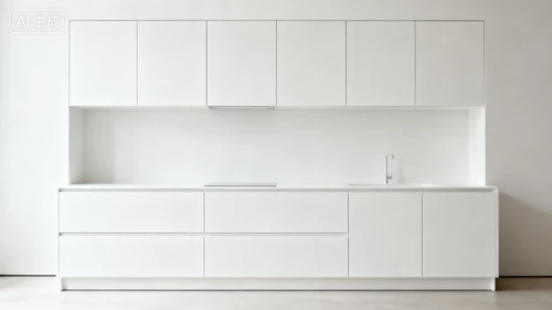 白色哑光橱柜，无拉手设计，上下柜组合，白色背景，正视拍摄，线条流畅