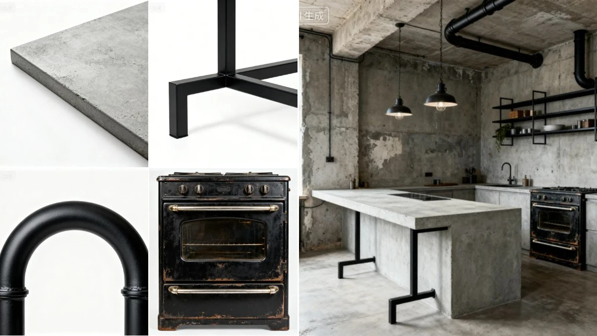 图4：工业风厨房AI合成效果（左侧为拆分素材，右侧为合并成品）