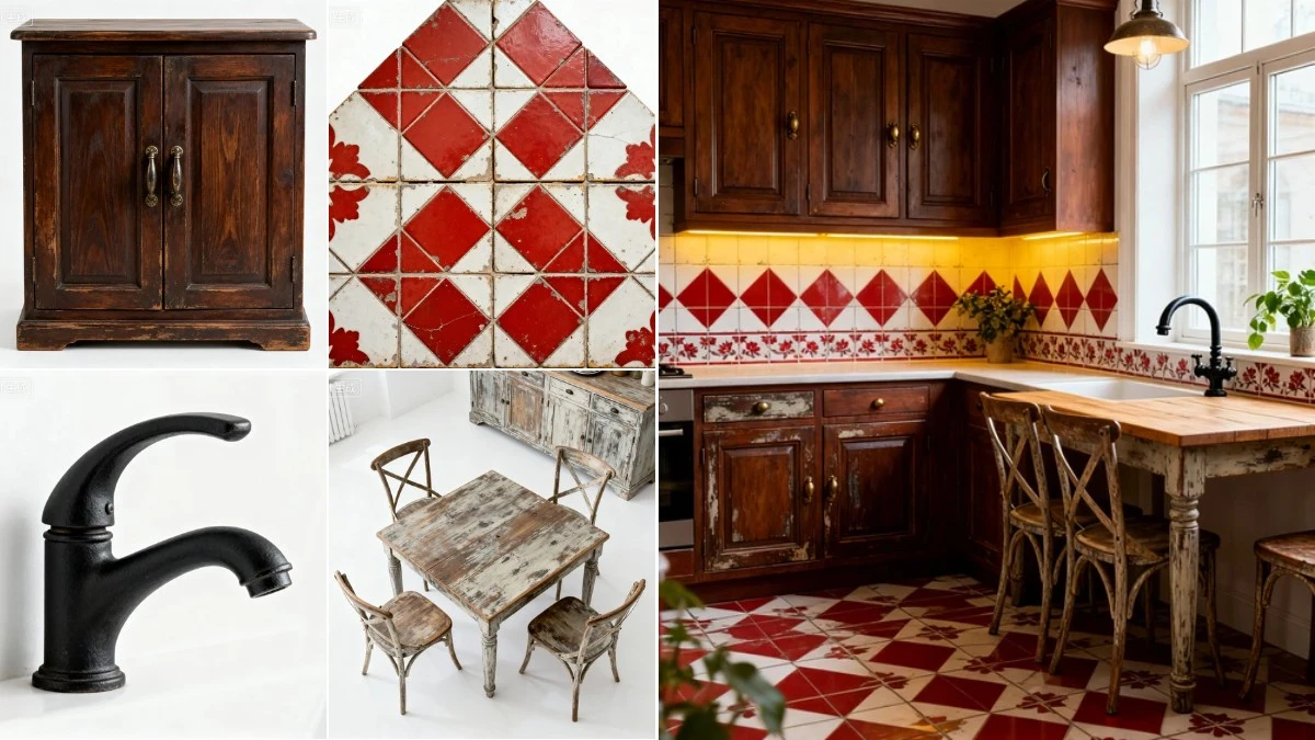 图2：复古美式厨房AI合成效果（左侧为拆分素材，右侧为合并成品）