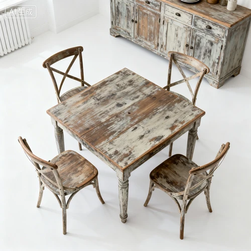 实木餐桌，配套四把餐椅，做旧风格，白色背景，俯视拍摄，与橱柜风格统一