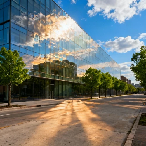 材质提示：玻璃幕墙反光，混凝土路面，蓝天白云，绿色行道树