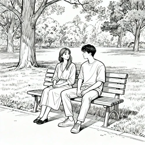 两人坐在长椅上，背景是公园，黑白线稿，平静的氛围