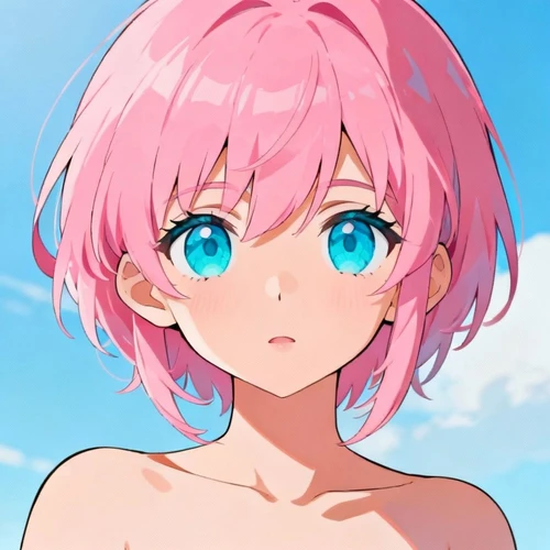 色彩参考图（可选）：粉色头发，碧蓝色眼睛，白皙皮肤，日系赛璐璐风格
