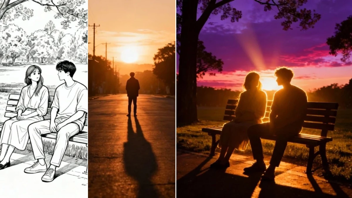 图4：光影氛围调整效果（左侧为基础线稿，右侧为黄昏氛围）