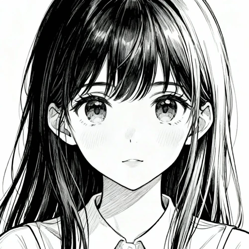 黑白线稿，二次元少女，长发，大眼睛，线条清晰，白色背景