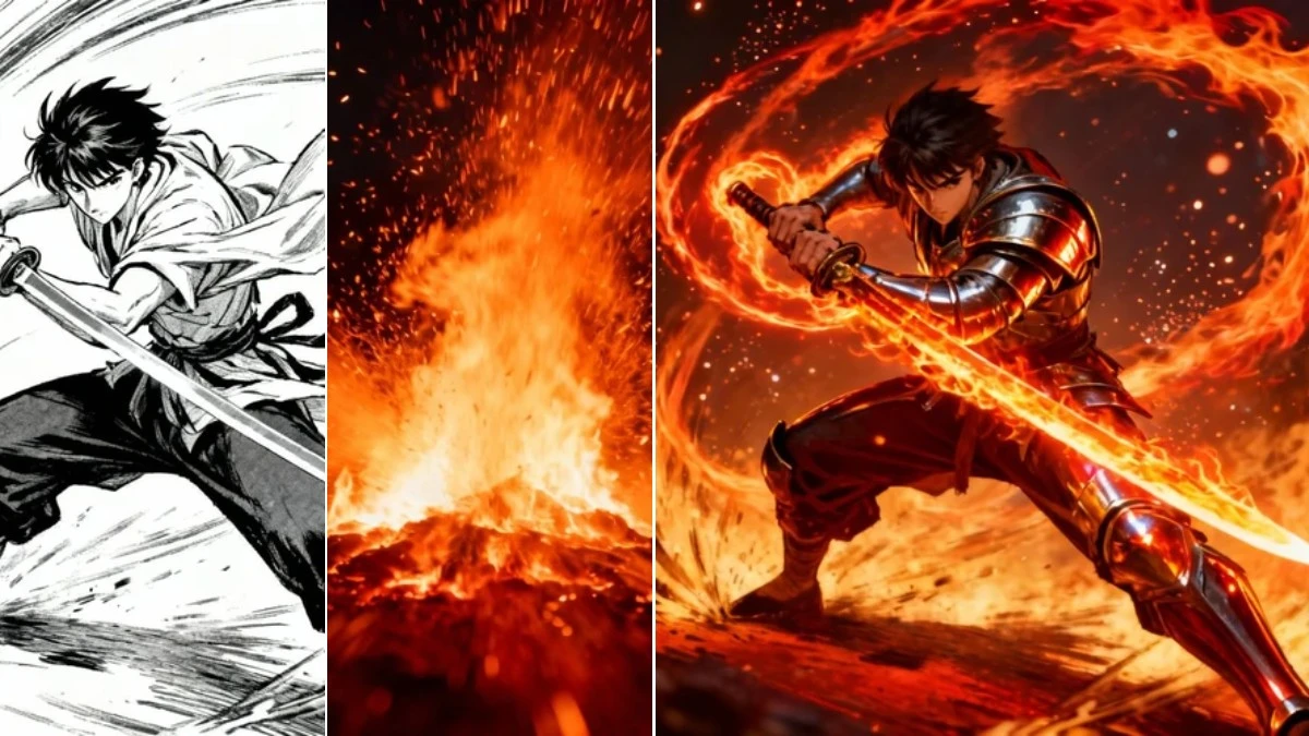 图2：战斗特效上色效果（左侧为黑白草稿，右侧为带光效成品）