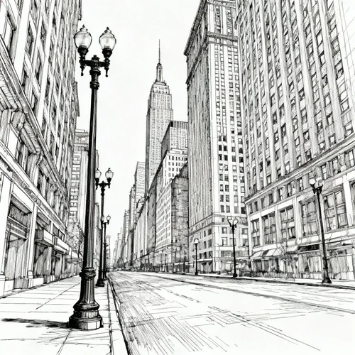 复杂的街道线稿，高楼大厦，透视构图，路灯，黑白线描