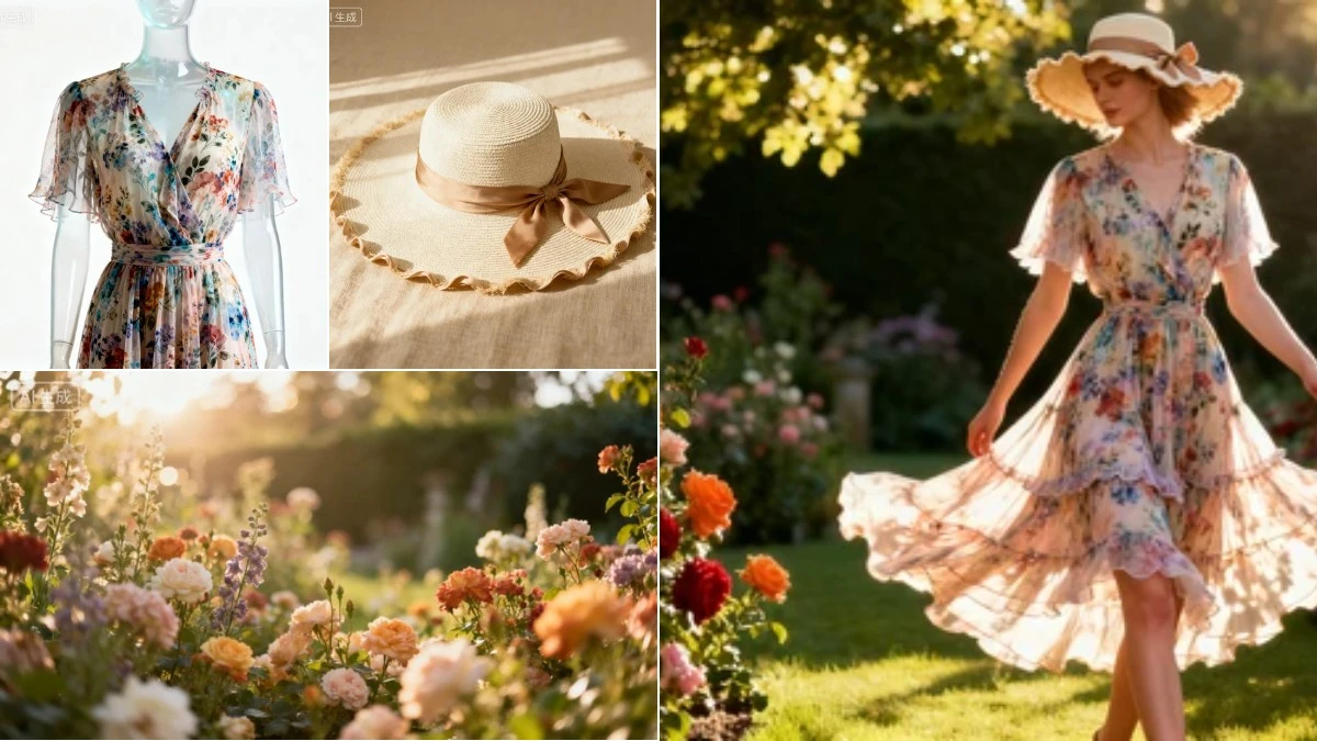 图2：连衣裙AI户外上身效果（左侧为人台素材，右侧为场景融合成品）