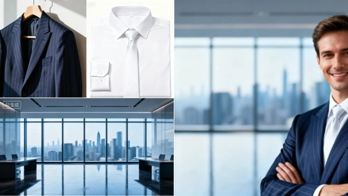 图3：商务西装AI上身效果（左侧为无头实拍，右侧为精英形象成品）