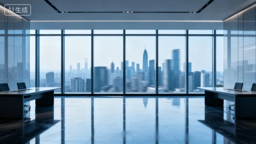 高端写字楼落地窗背景，城市天际线，模糊处理，冷色调