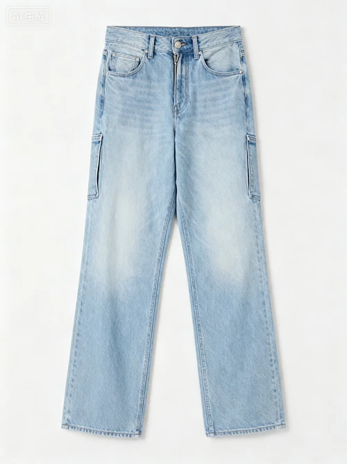 浅蓝色牛仔裤，高腰设计，平铺或人台图，作为搭配下装