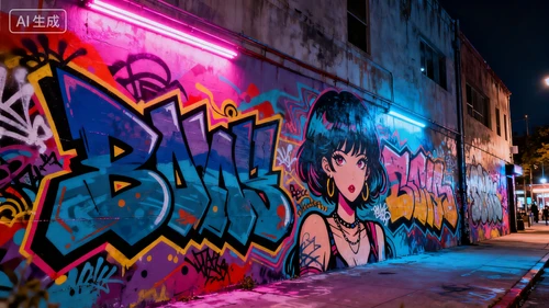 街头涂鸦墙背景，色彩鲜艳，充满艺术感，夜景霓虹灯光
