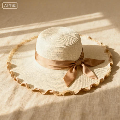 法式草编帽，宽檐，米色，配饰素材，增加氛围感