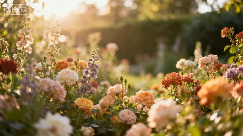 法式复古花园背景，午后阳光，鲜花盛开，背景虚化（Bokeh）