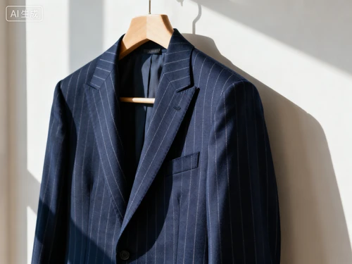 深蓝色条纹西装外套，男士，挂拍或无头模特实拍，质感清晰，剪裁利落