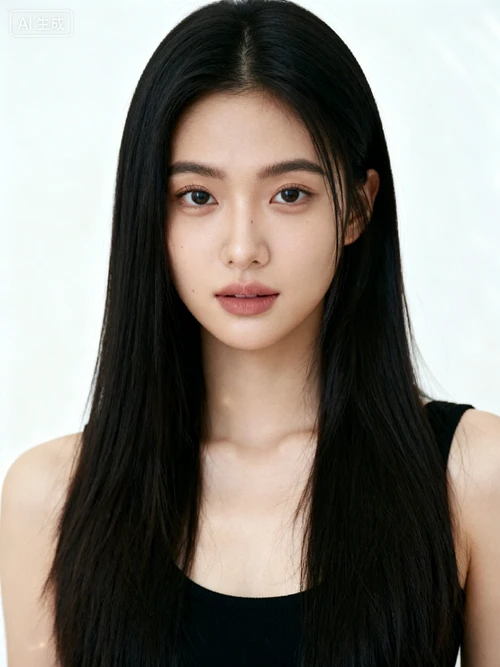 年轻女性模特，半身照，亚洲面孔，黑色长直发，自然妆容，白色背景，正面站立