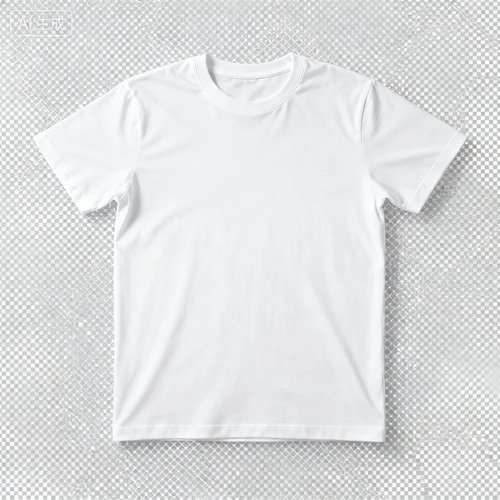 白色纯棉圆领T恤，平铺拍摄，光线均匀，去底透明背景，无褶皱