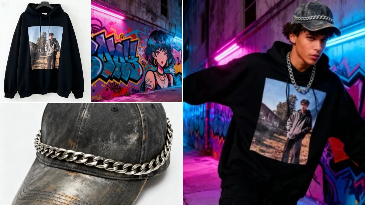 图4：潮牌卫衣AI上身效果（左侧为挂拍素材，右侧为街头场景成品）