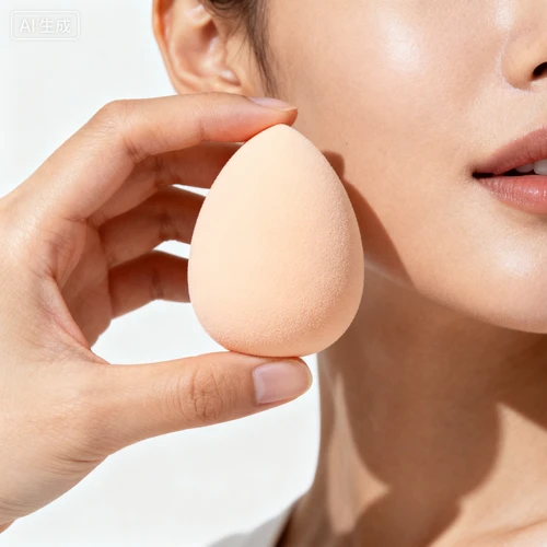 女性手部持美妆蛋姿势，手指灵活，白色背景，特写拍摄，动作自然