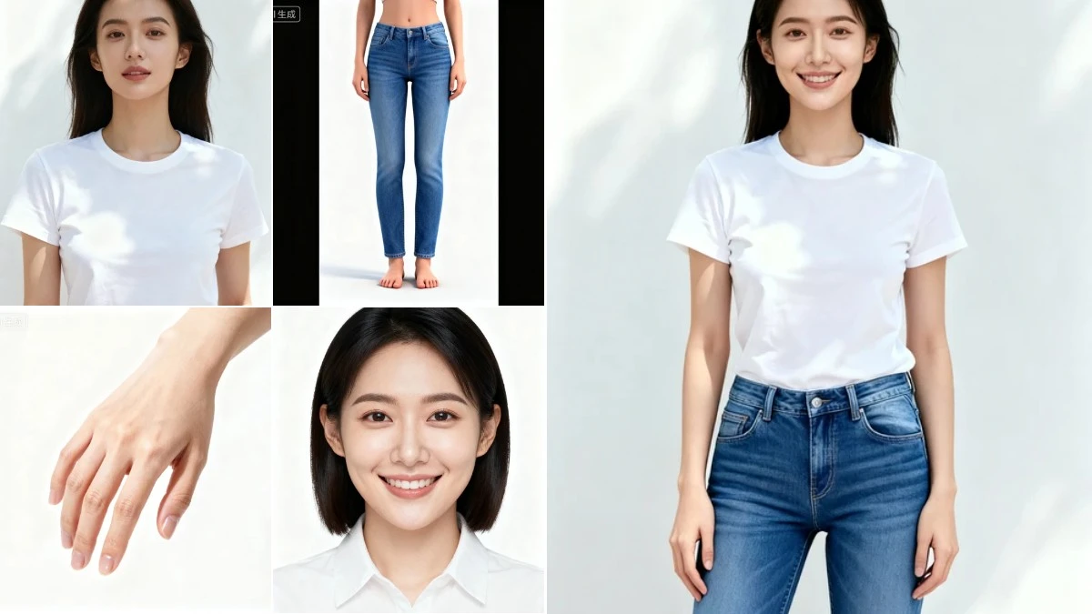 图1：服装类站姿模特AI合成效果（左侧为拆分素材，右侧为合并成品）