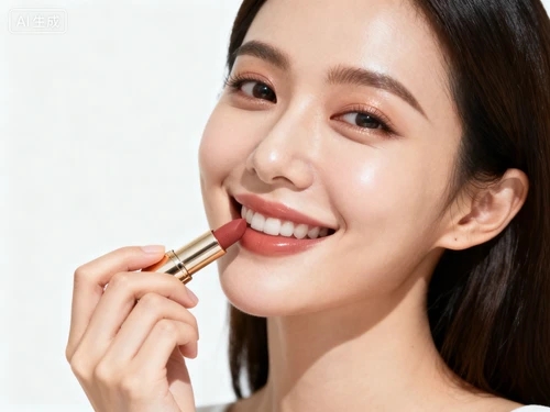 女性面部微笑表情，妆容精致，手持口红准备涂抹，白色背景，45度拍摄，表情生动
