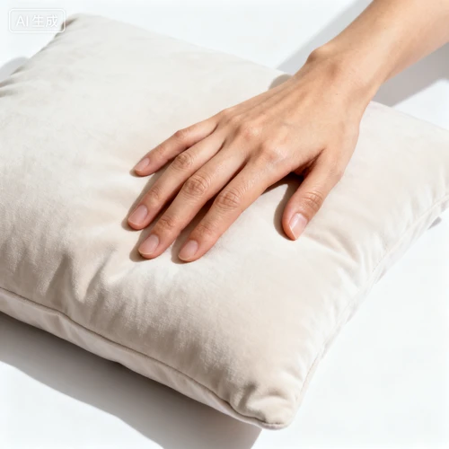 女性手部抚摸抱枕动作，手指自然，白色背景，特写拍摄，质感真实