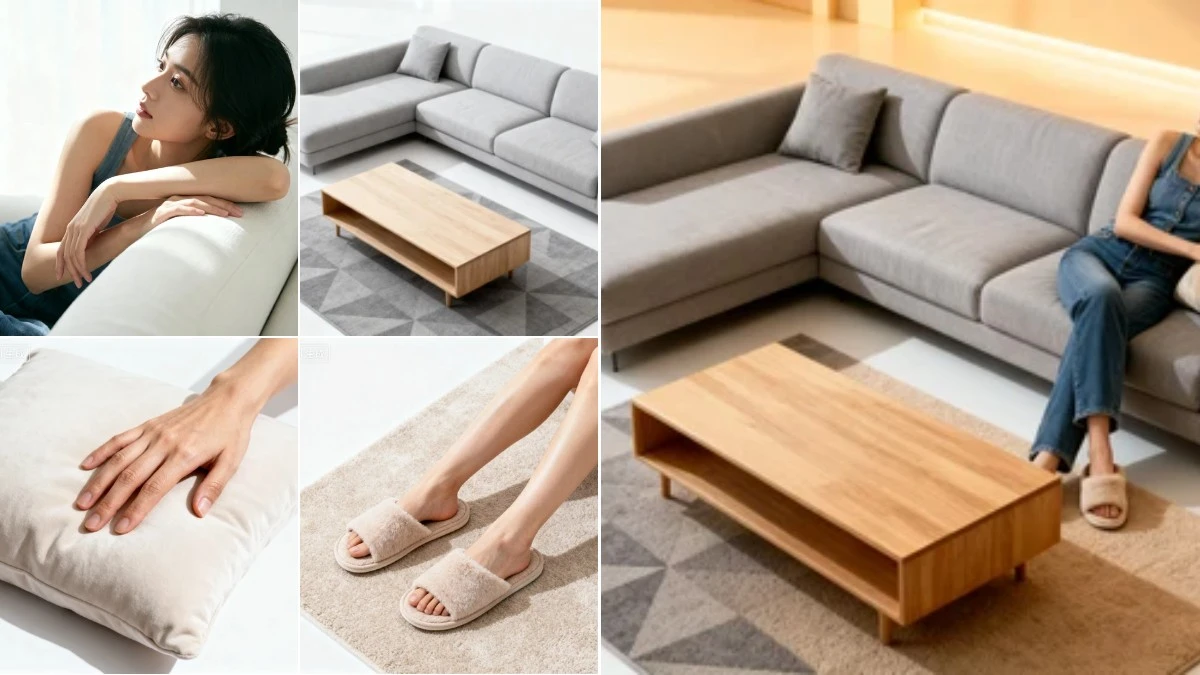 图4：家居类场景化模特姿势AI合成效果（左侧为拆分素材，右侧为合并成品）